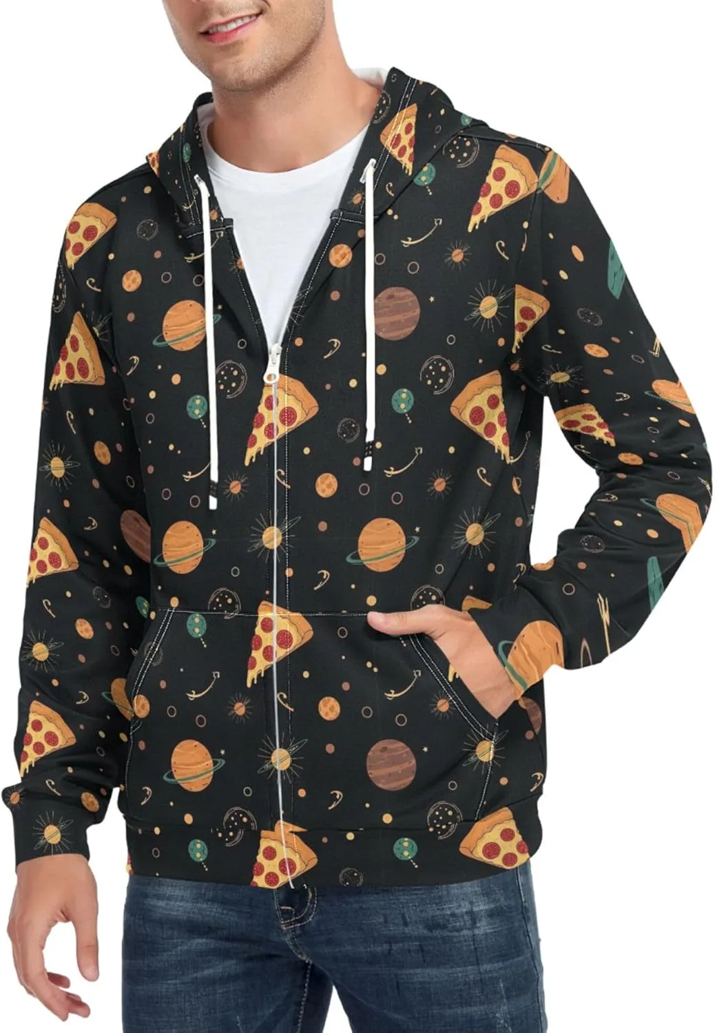 

Мужская худи с молнией Pizza Planets Stars, длинный рукав, с карманом CUPADA