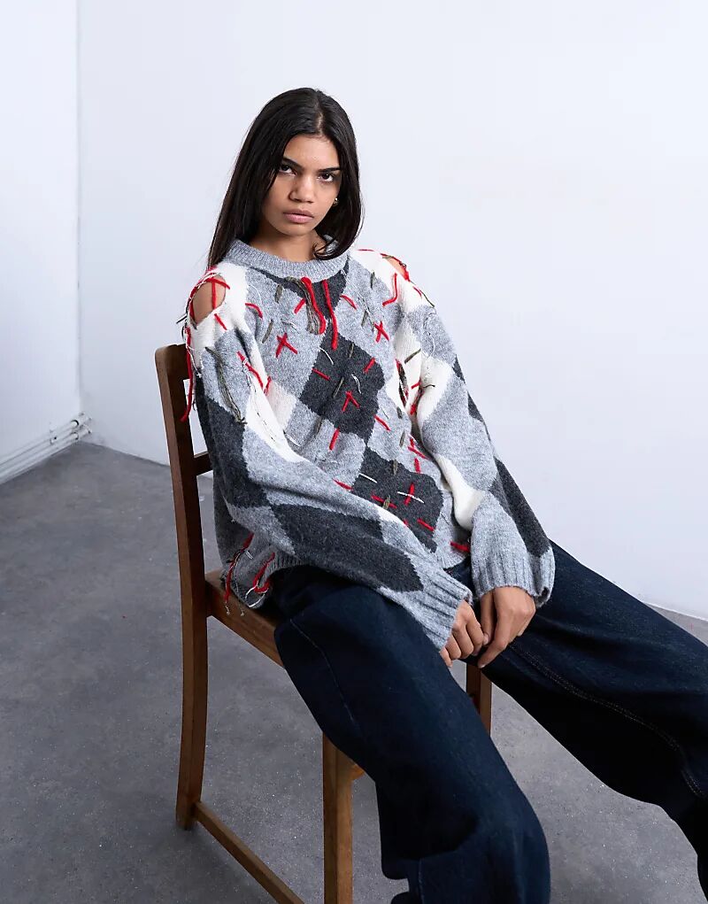 

Вязаный джемпер Topshop с ромбовидным узором и потертостями