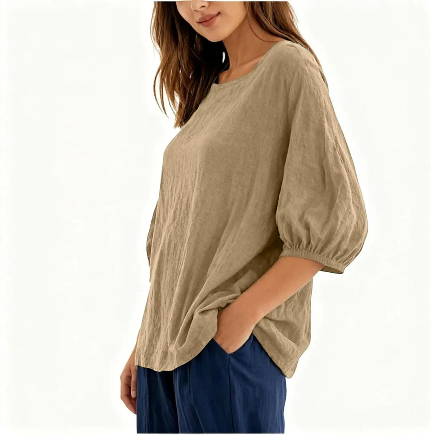 Блуза с рукавом 3/4 из хлопка и льна, свободный крой, D005-khaki — фото 3