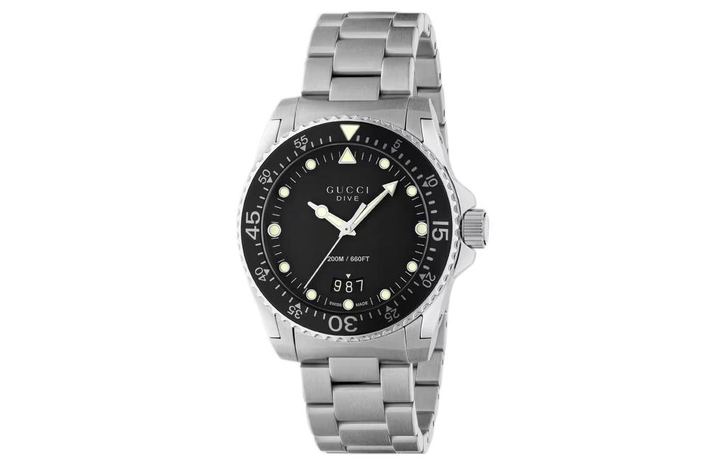 

GUCCI Наручные часы Dive Collection, кварцевый механизм, браслет из нержавеющей стали, черный циферблат, мужские, водонепроницаемость 200 м