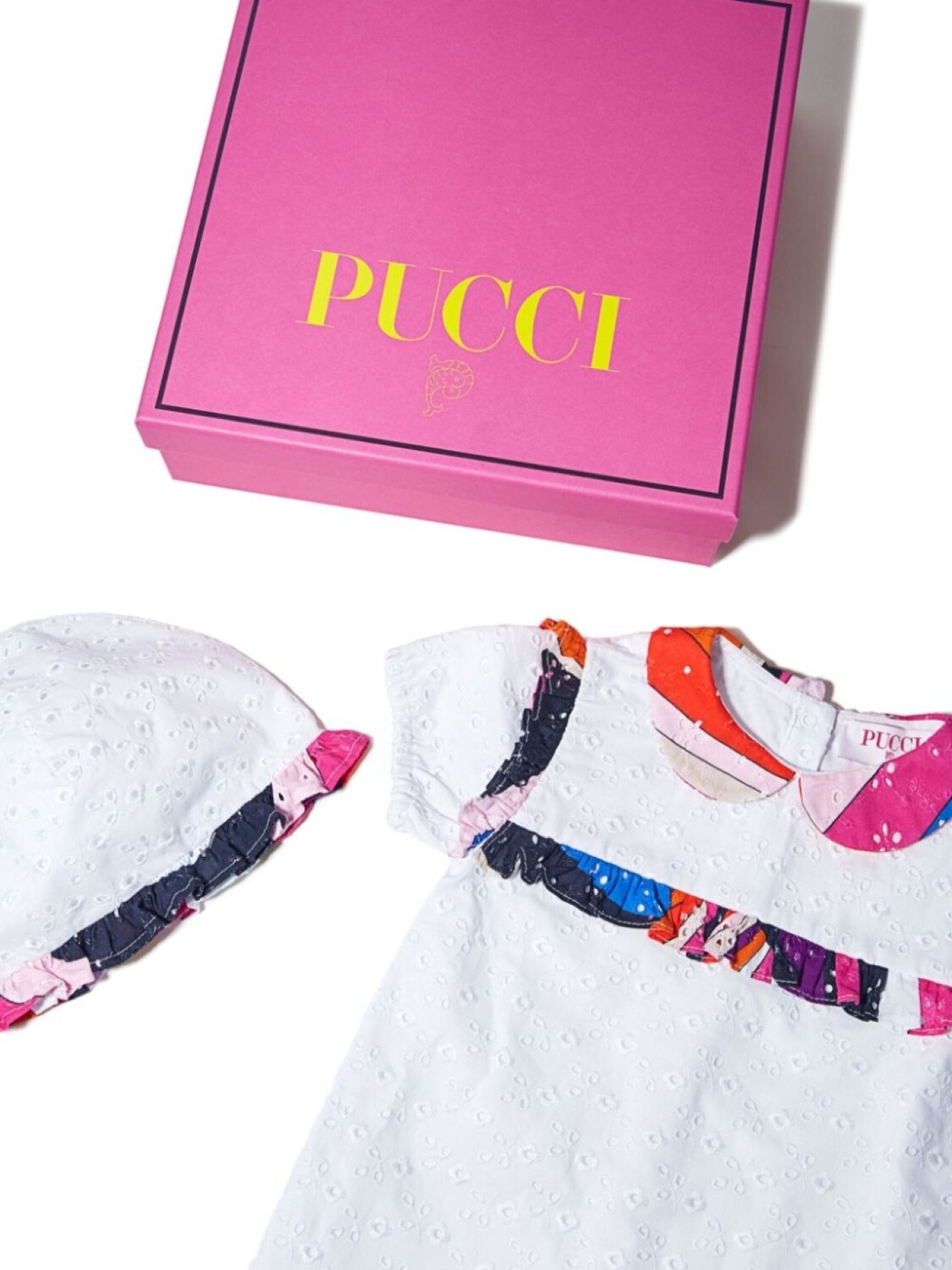 PUCCI Junior комбинезон из английской вышивки с принтом Iride, белый — фото 4