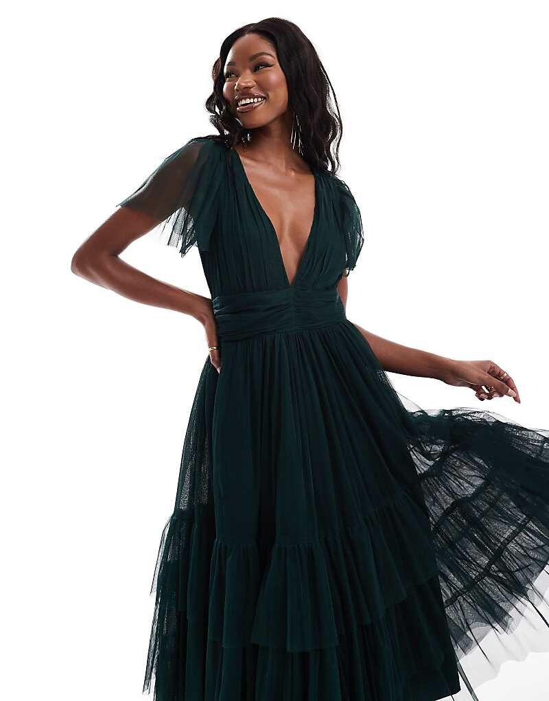 

Темно-зеленое платье миди из тюля с v-образным вырезом и кружевом Bridesmaid Bridesmaid Madison