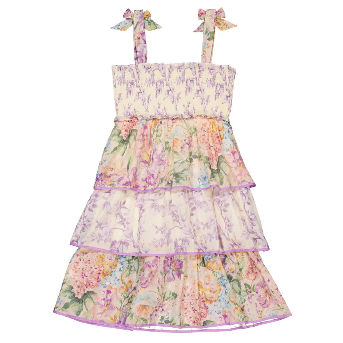 

Zimmermann Девочки Ярусное платье с присборенной отделкой и цветочным принтом, фиолетовый