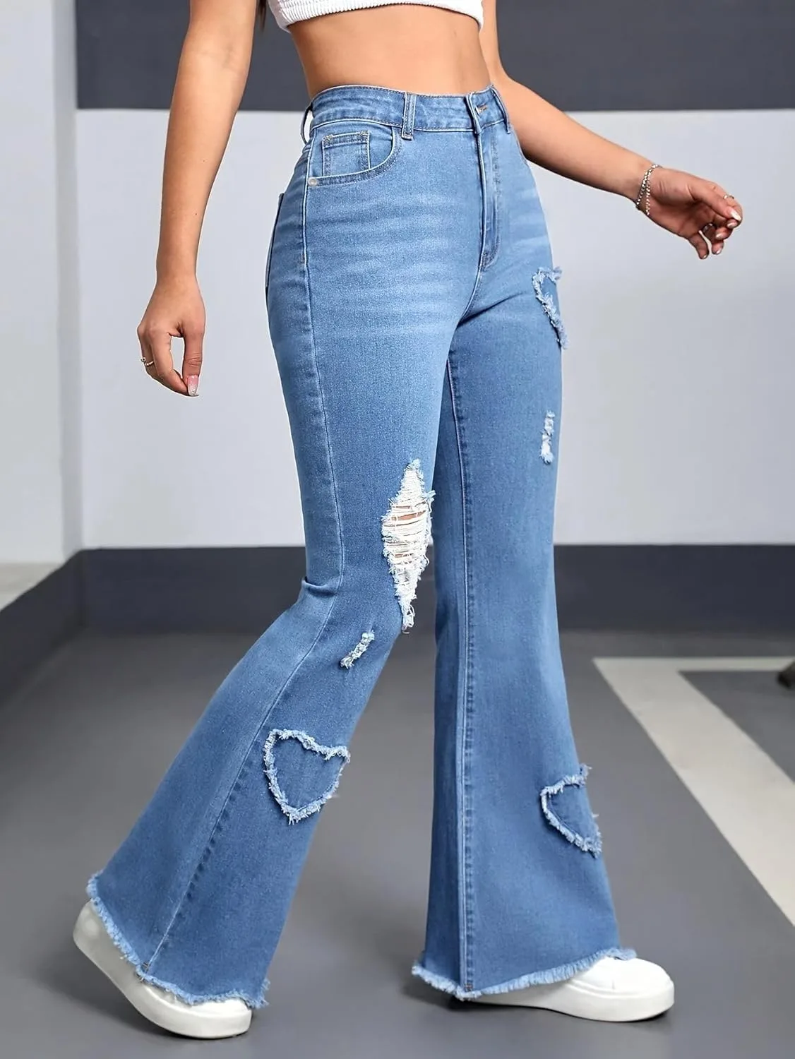 Джинсы Bell Bottom для женщин Stretchy Skinny с дизайном в форме сердца — фото 2
