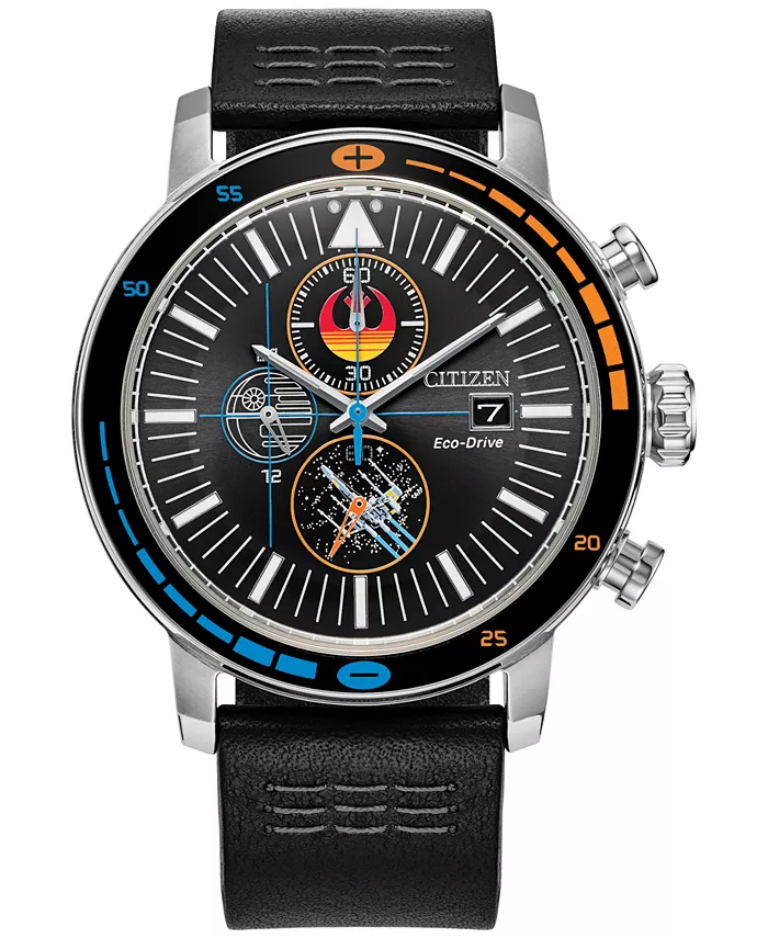 

Eco-Drive Мужские часы-хронограф Star Wars Rebel Starfighter с черным кожаным ремешком 44 мм в коробке Citizen