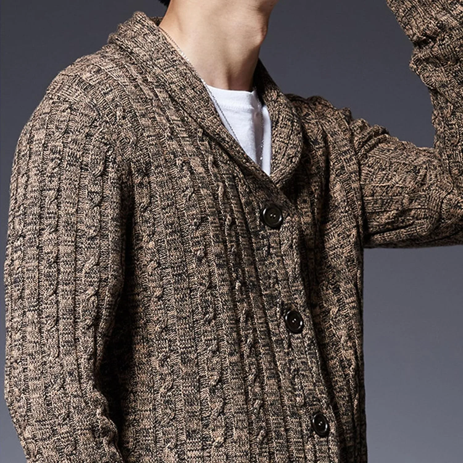 Кардиган мужской с шалью, длинный рукав, зимний, slim fit, кабельная вязка — фото 3