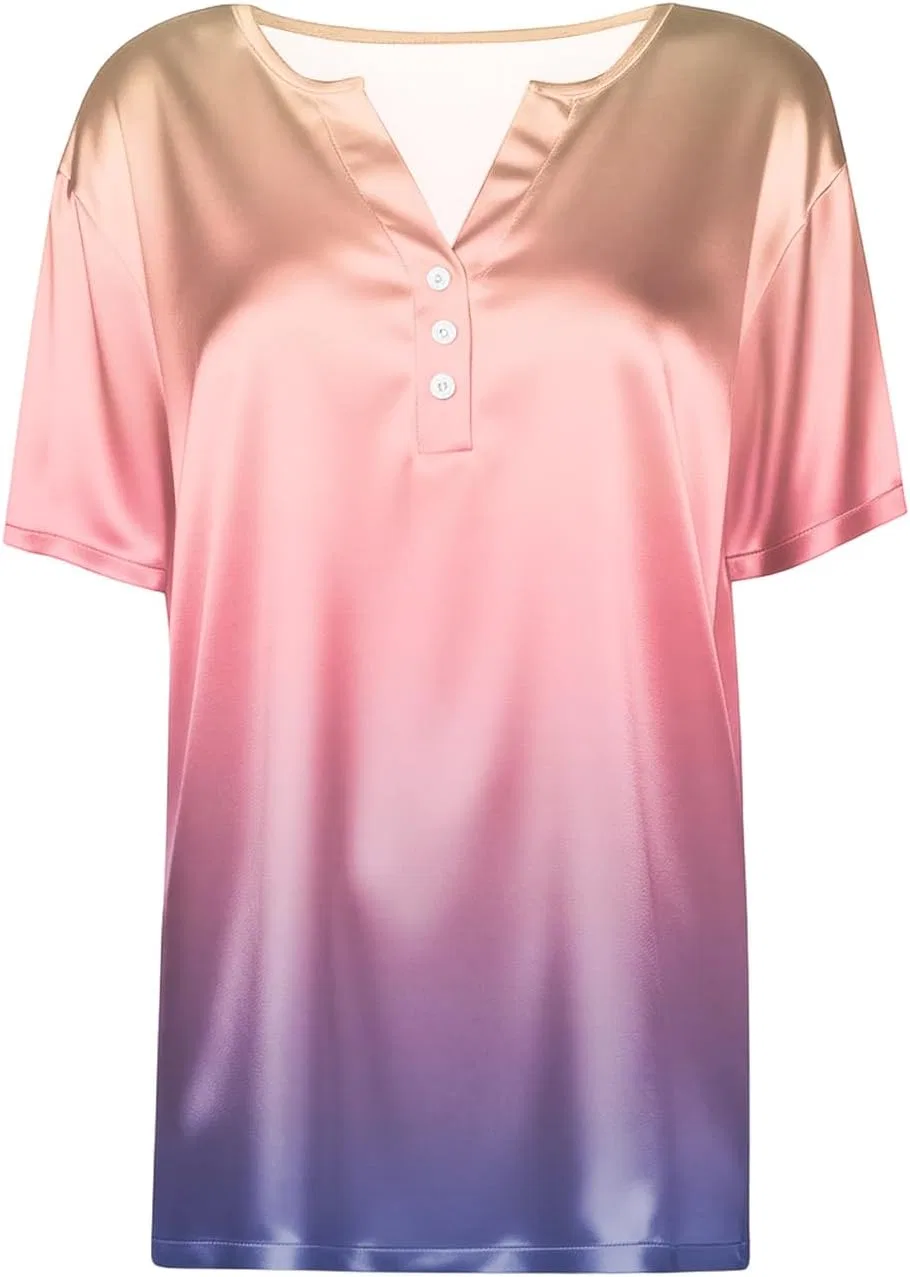 Блуза с V-образным вырезом, короткий рукав, женская, Casual, сатиновая, принт, 1-pink — фото 4