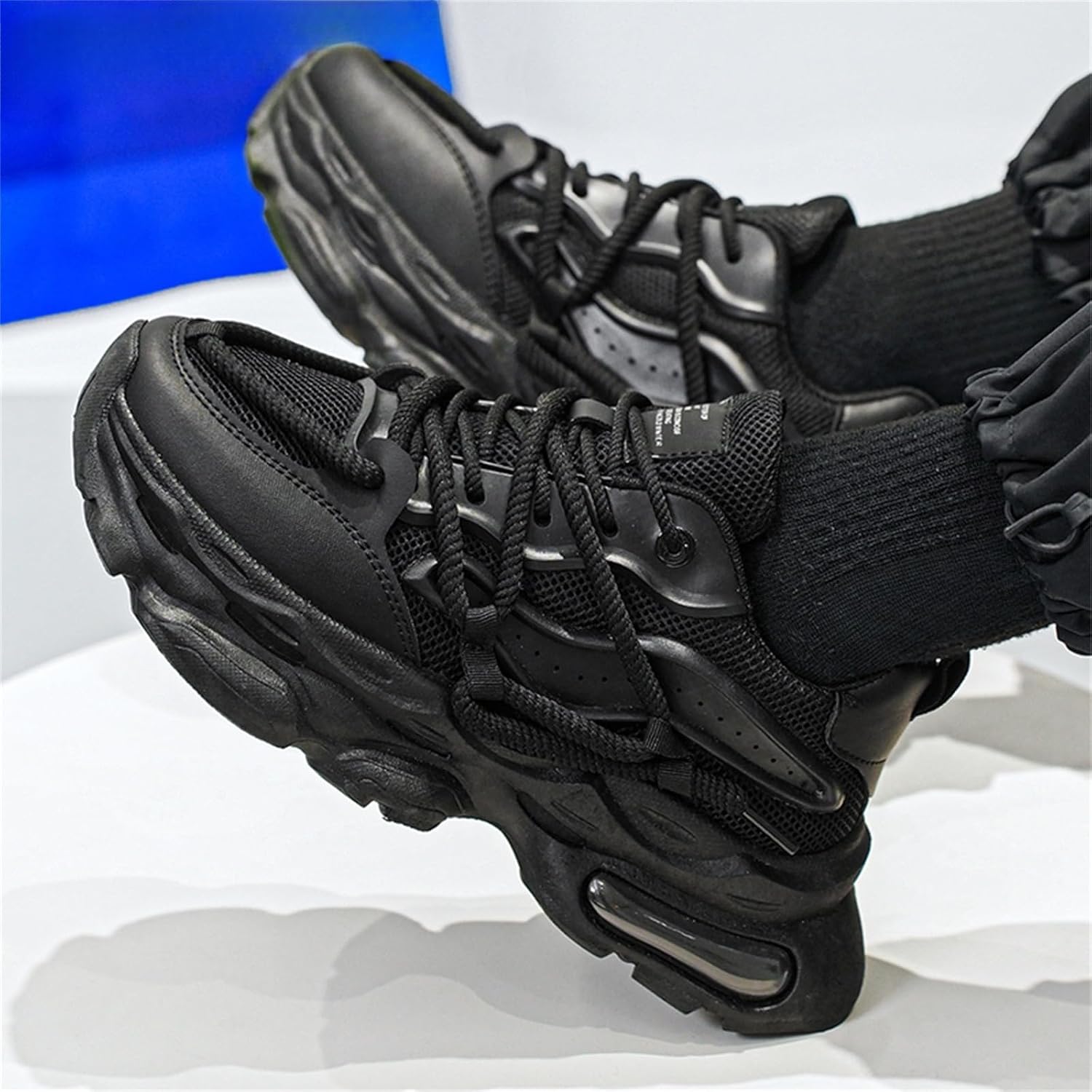 Мужские кроссовки TengfeiFly Platform Dad Sneaker из сетчатой и кожаной поверхности, на шнуровке, повседневные, с массивным каблуком, круглым носком, с воздушной подушкой, легкие, мягкие и дышащие, для прогулок, бега и улицы, черный — фото 3