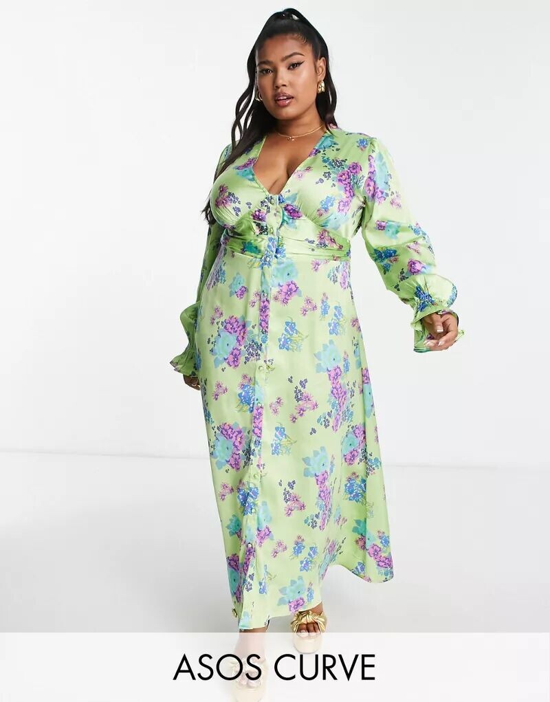 

Зеленое атласное платье миди на пуговицах ASOS DESIGN Curve