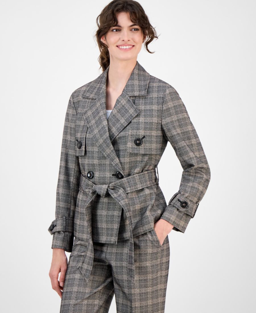 

Женский клетчатый тренч с поясом и пуговицами спереди Anne Klein, Anne Black Multi