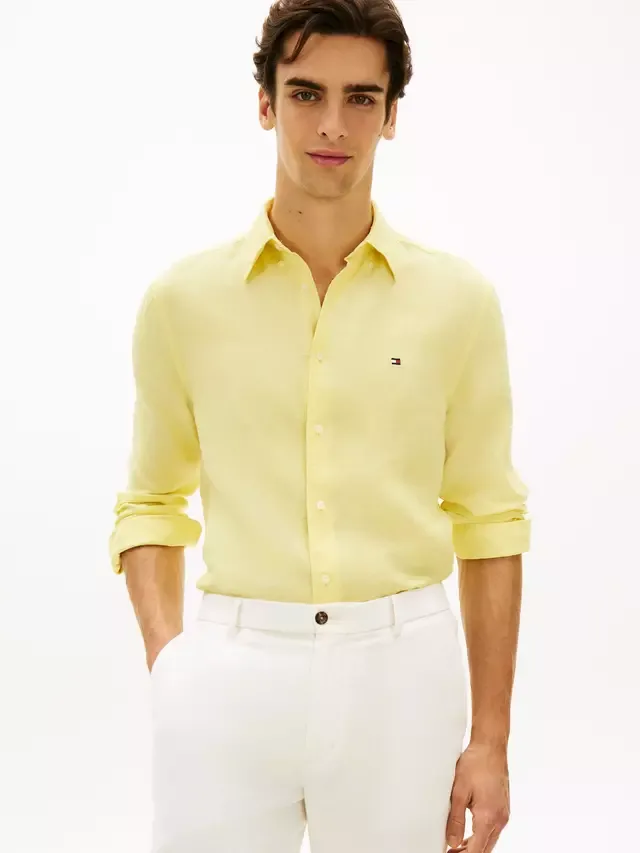 Льняная рубашка прямого кроя с логотипом Tommy Hilfiger, Light Yellow