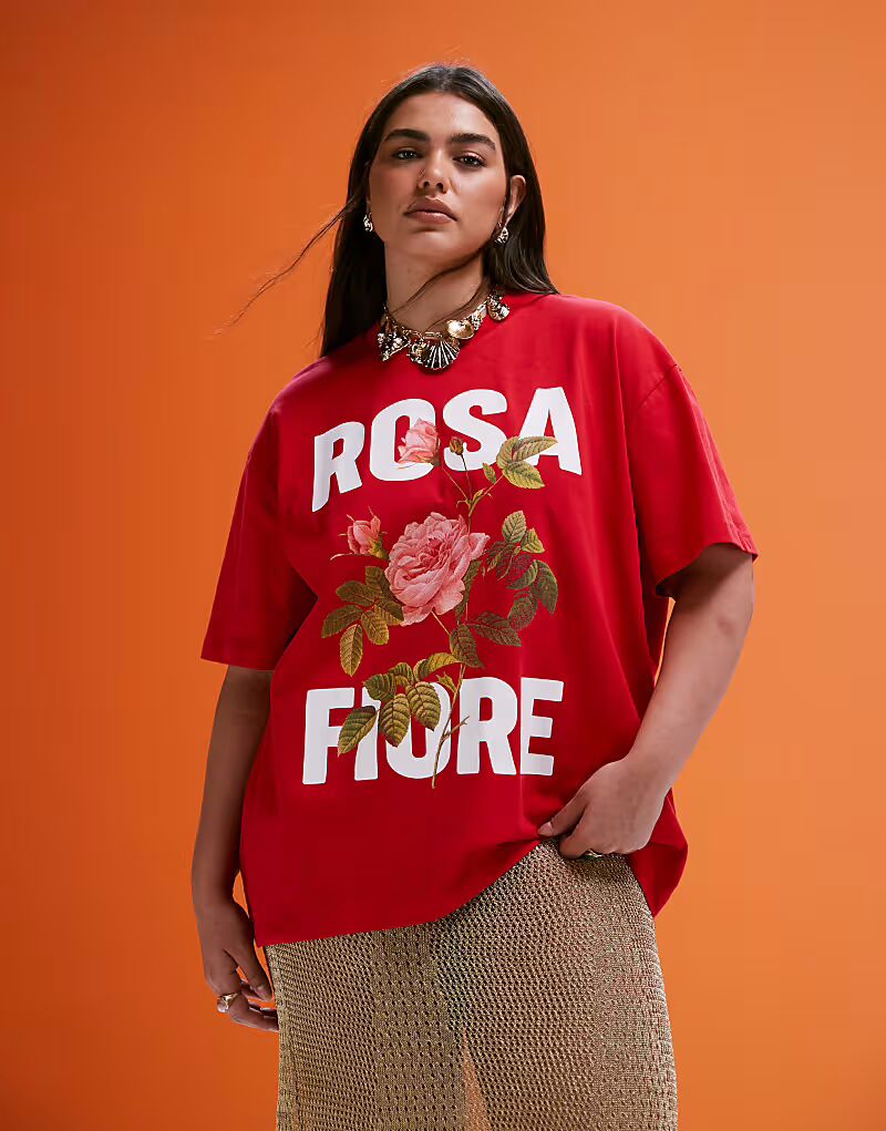 

Футболка свободного кроя ASOS DESIGN Curve с принтом Rosa fiore красного цвета ASOS Curve