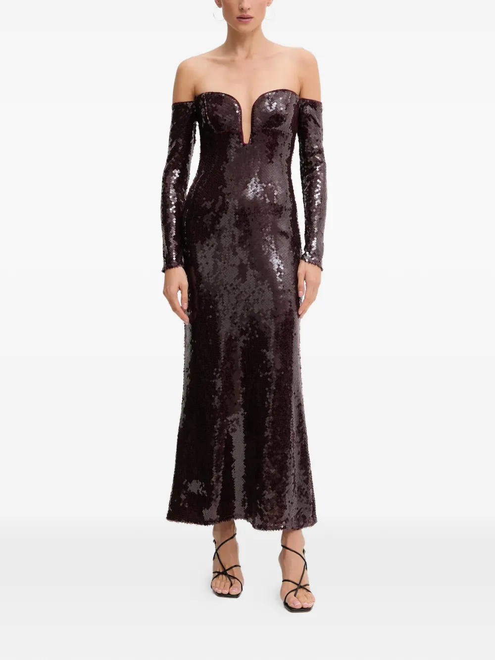 

Платье миди с пайетками и открытыми плечами Bardot, красный