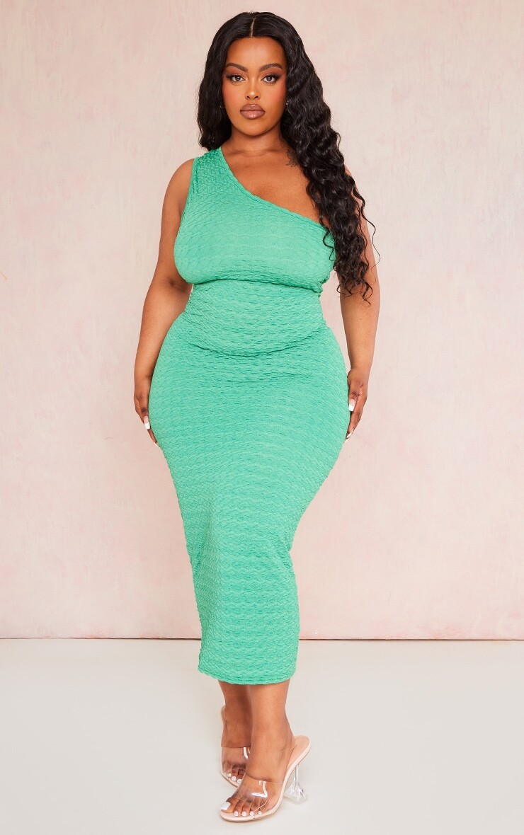 

PrettyLittleThing Зеленое фактурное платье миди на одно плечо Plus Bubble, Зеленый, PrettyLittleThing Зеленое фактурное платье миди на одно плечо Plus Bubble