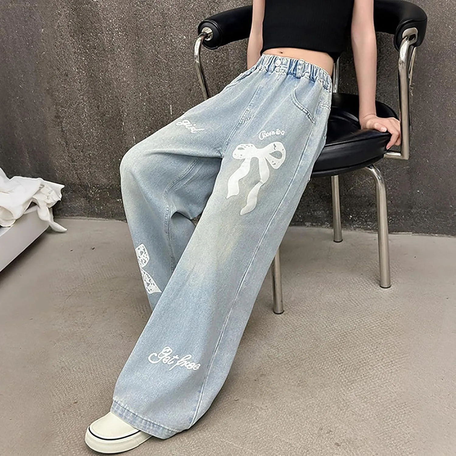 Джинсы для девочки Cute Preppy Y2k, широкие, с высокой эластичной талией — фото 4