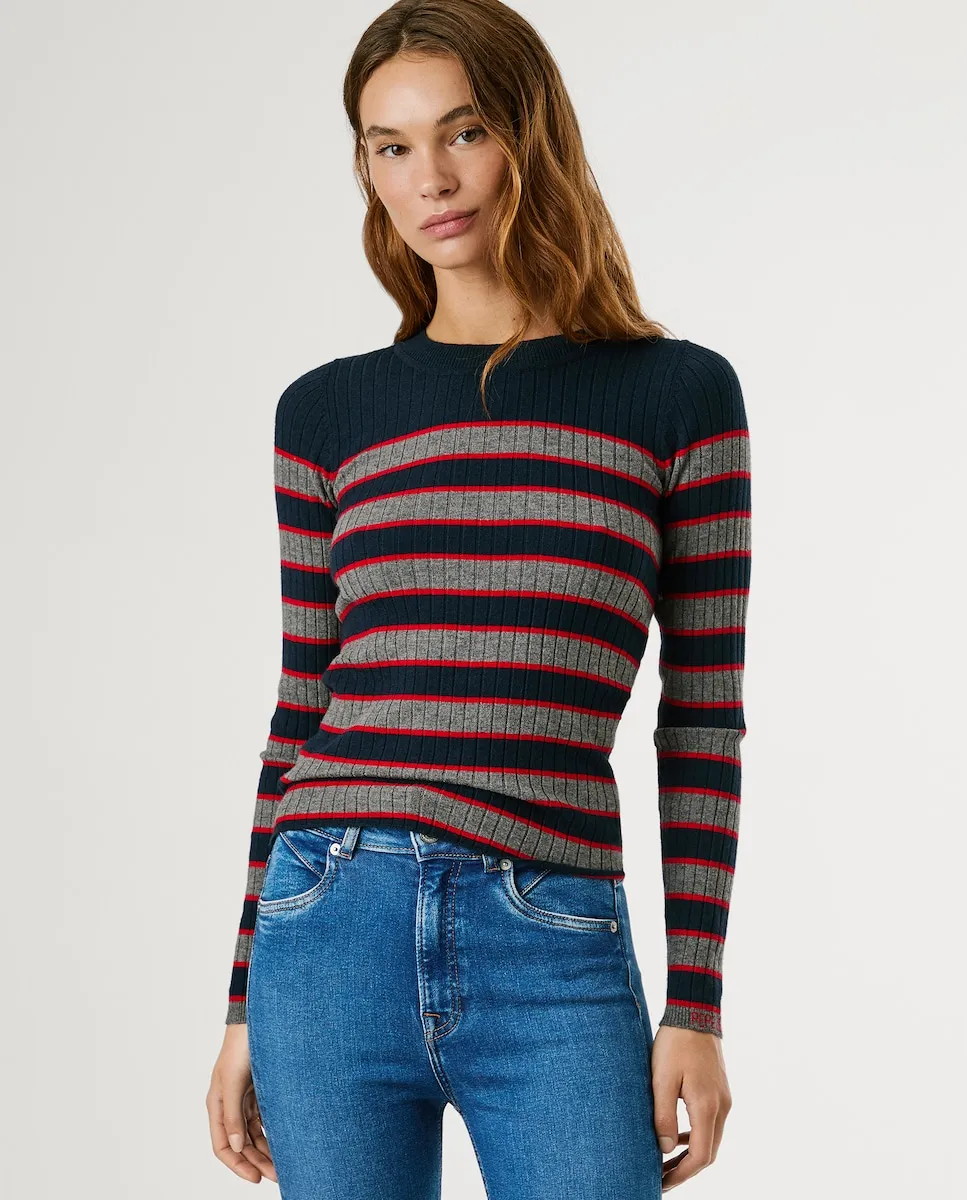 

Женский свитер с круглым вырезом и полосатым принтом Pepe Jeans, темно-синий