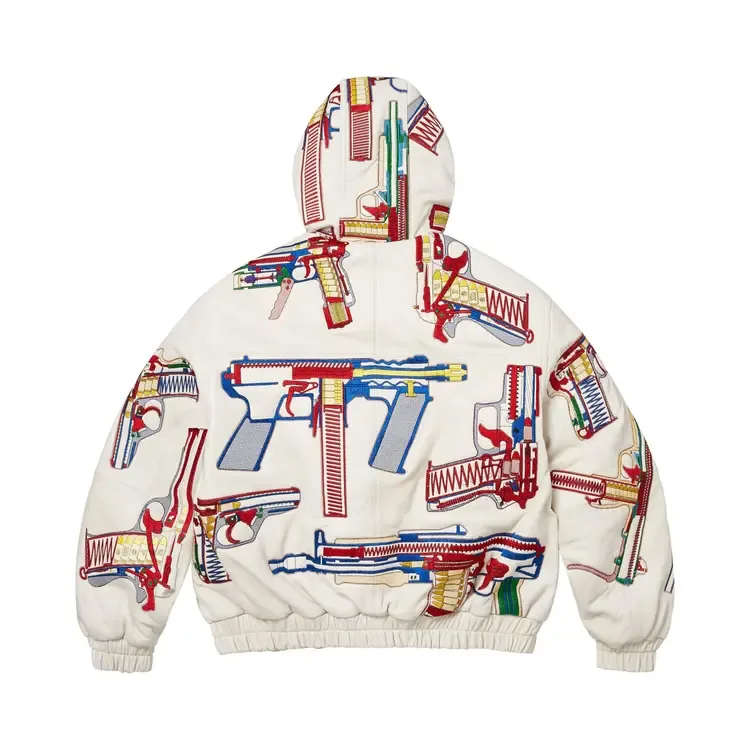 Кожаная куртка Supreme Guns с вышитым капюшоном, белая — фото 2