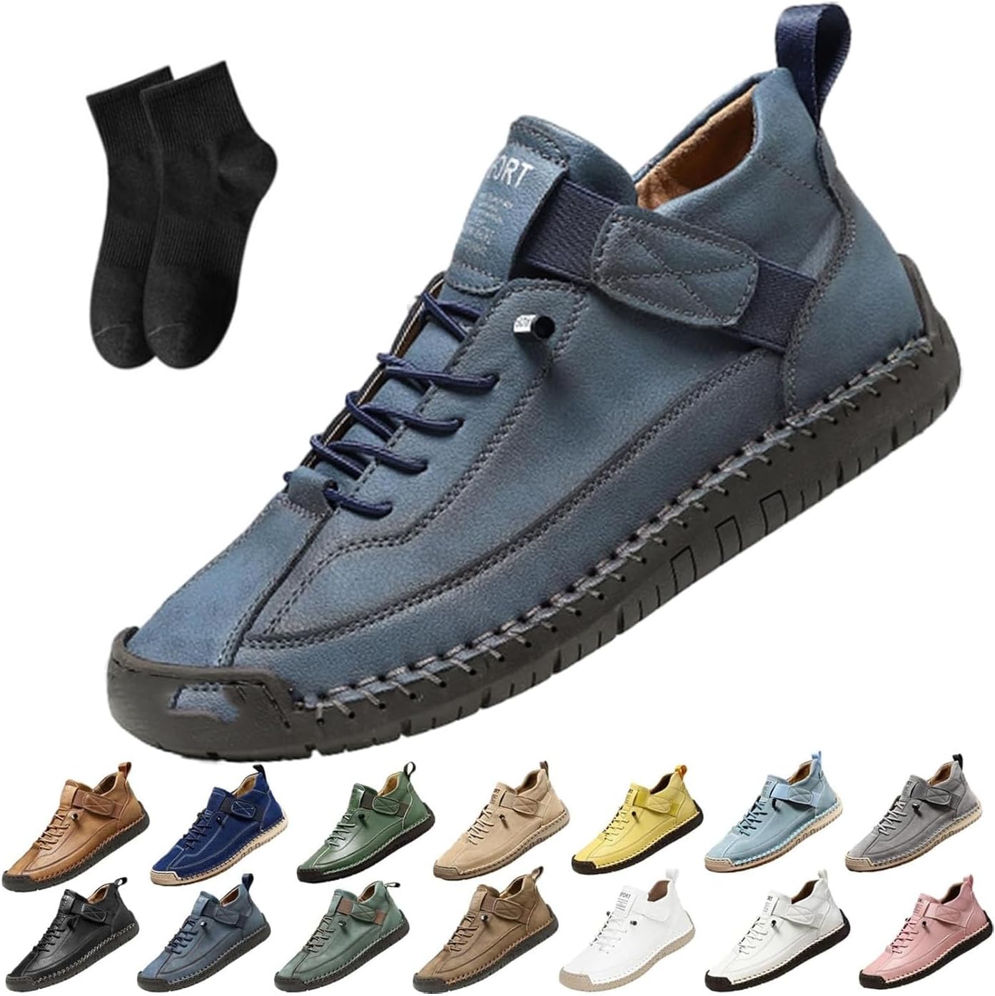 

Женские кожаные кроссовки, женская ручная работа кожаные ортопедические удобные туфли - поддержка свода стопы, регулируемые комфортные ортопедические туфли, мягкие удобные слипоны Noworfewer, темно-синий