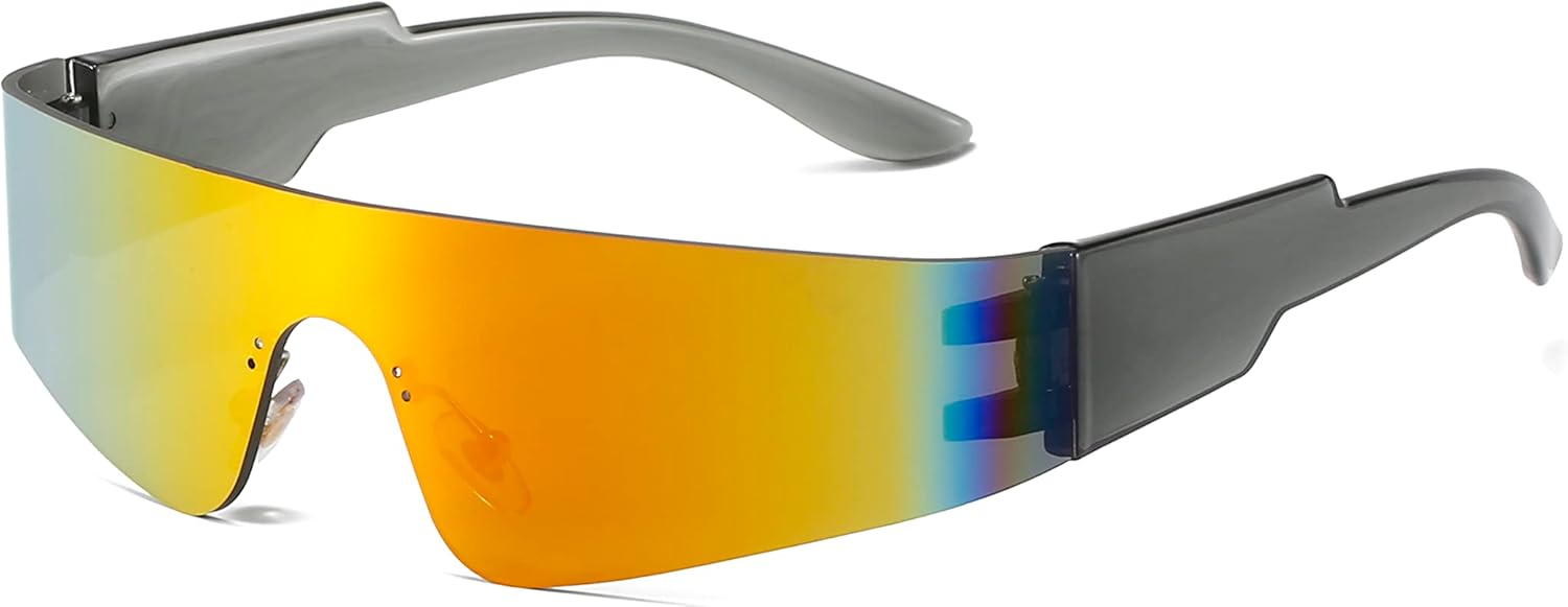 

Модные солнцезащитные очки без оправы, обтекаемой формы, для женщин и мужчин, в стиле киберпанк, Y2K, футуристические зеркальные очки AZ9597 Azoxus, Gold Mirrored Lens