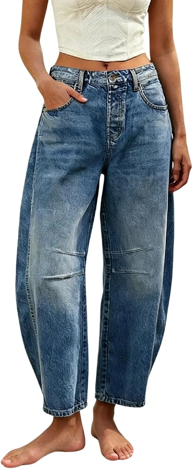 Джинсы свободные Barrel Mid Rise Wide Leg, Dark Blue