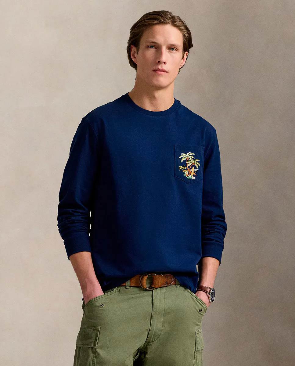 

Мужская хлопковая футболка с длинными рукавами Polo Ralph Lauren, темно-синий