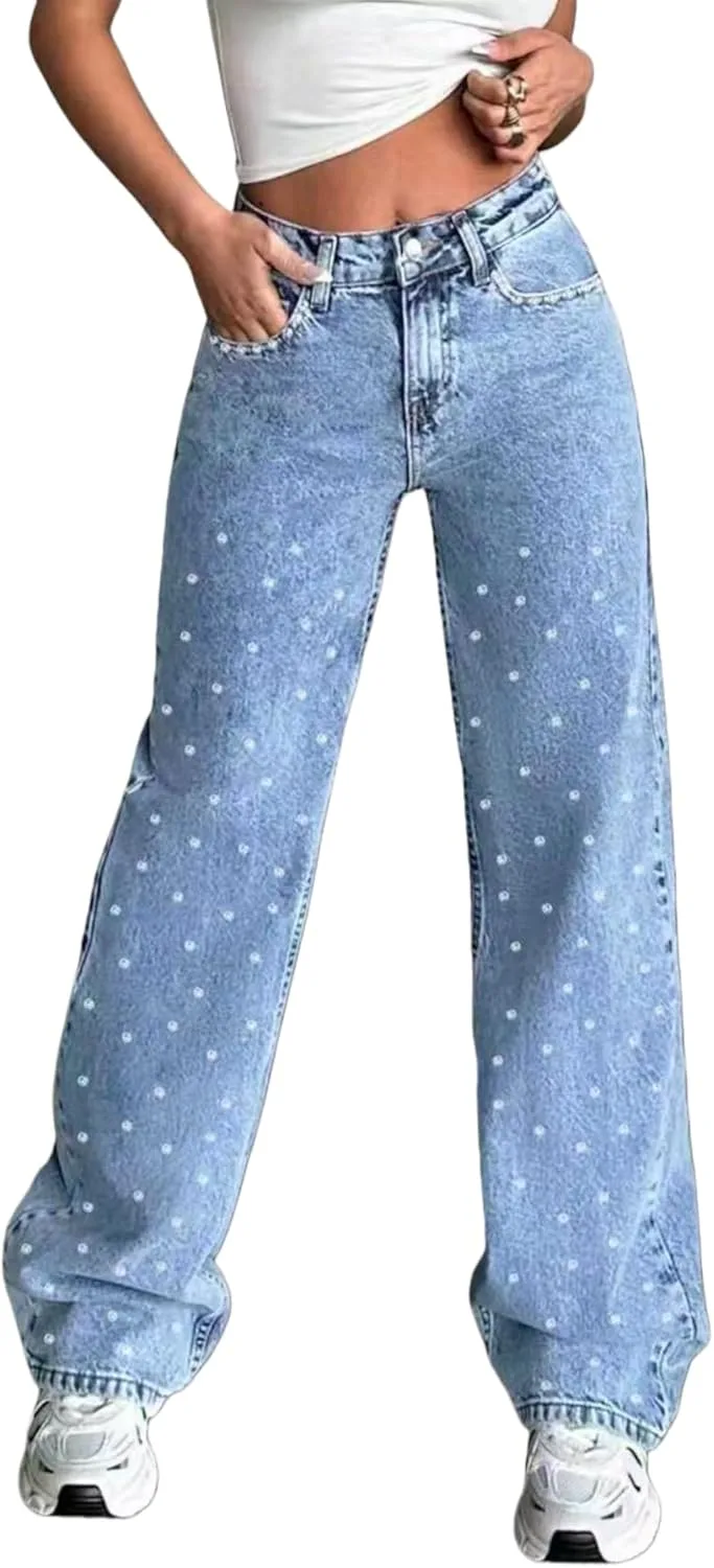 

Женские джинсы с высокой талией и прямыми широкими штанинами в белый горошек, винтажные TimeGofate