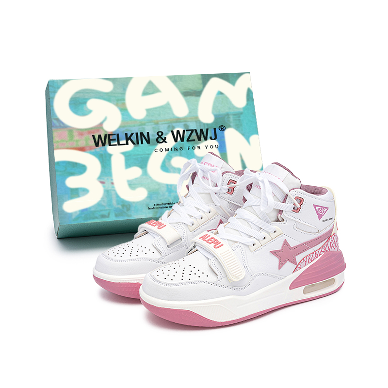 

WELKIN&WZWJ Коллекция Stars, белые кроссовки противоскользящие увеличивающие рост низкие скейтборд обувь унисекс бело-розовые высокие, цвет White Pink High-Top