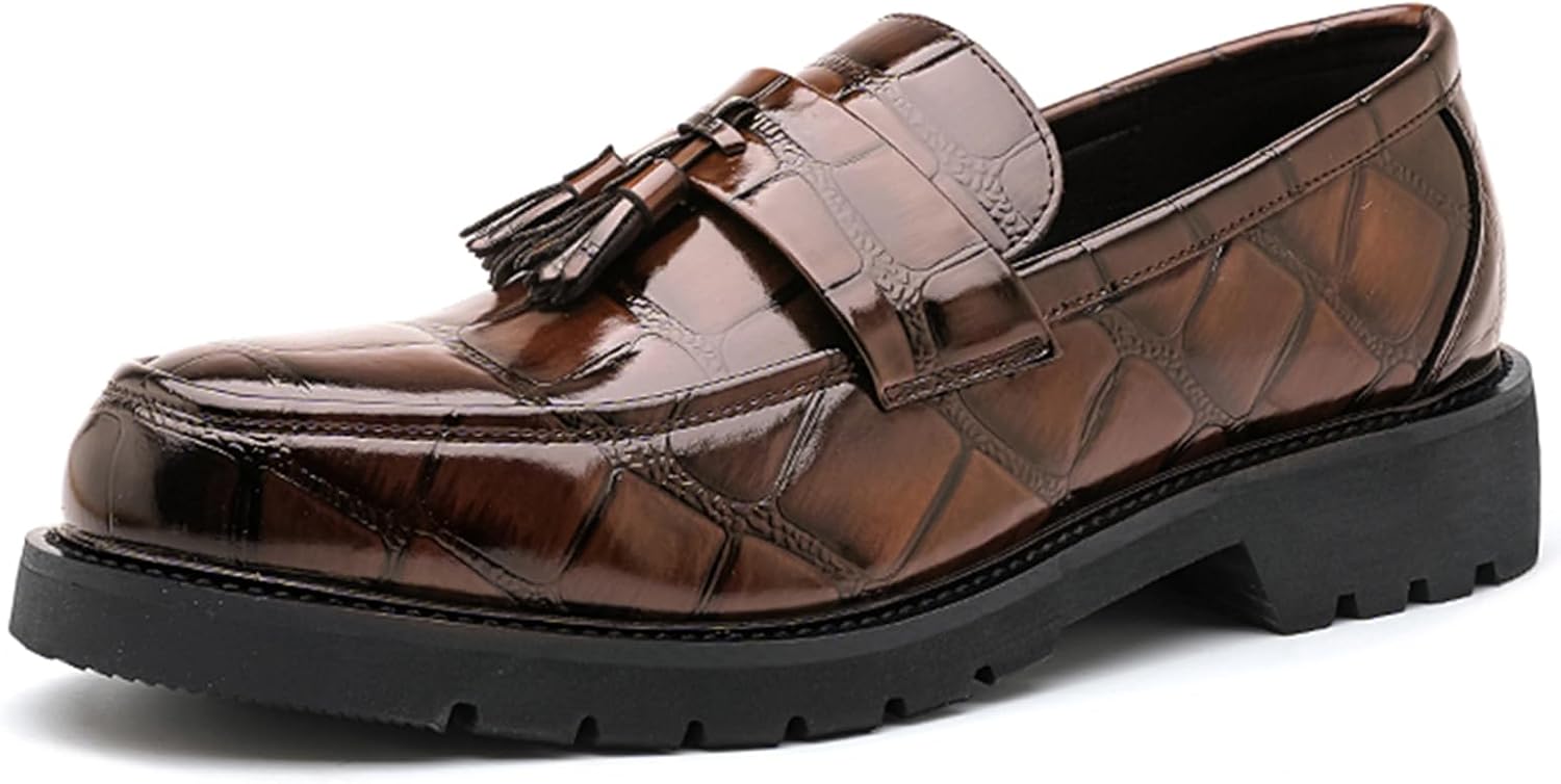 

Мужские лоферы с кисточками из лакированной кожи, ретро-принт, с противоскользящей подошвой, без шнурков, деловые, модные, для вечеринок, свадеб и работы Ghibhna, коричневый