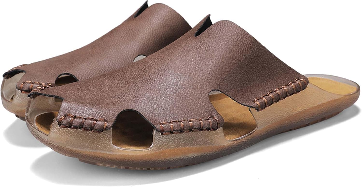 

Мужские премиальные сандалии с кожаной стелькой, летняя удобная обувь, мягкая и долговечная, подошва из ПВХ против скольжения, ручная прошивка, стильный и элегантный дизайн, идеально подходят для повседневной носки и отдыха Generic, коричневый