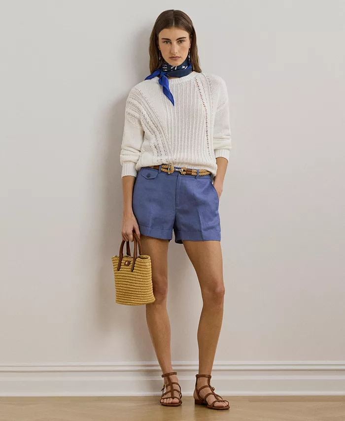 

Женский свитер с вязаным узором Pointelle из хлопка с круглым вырезом Lauren Ralph Lauren, белый