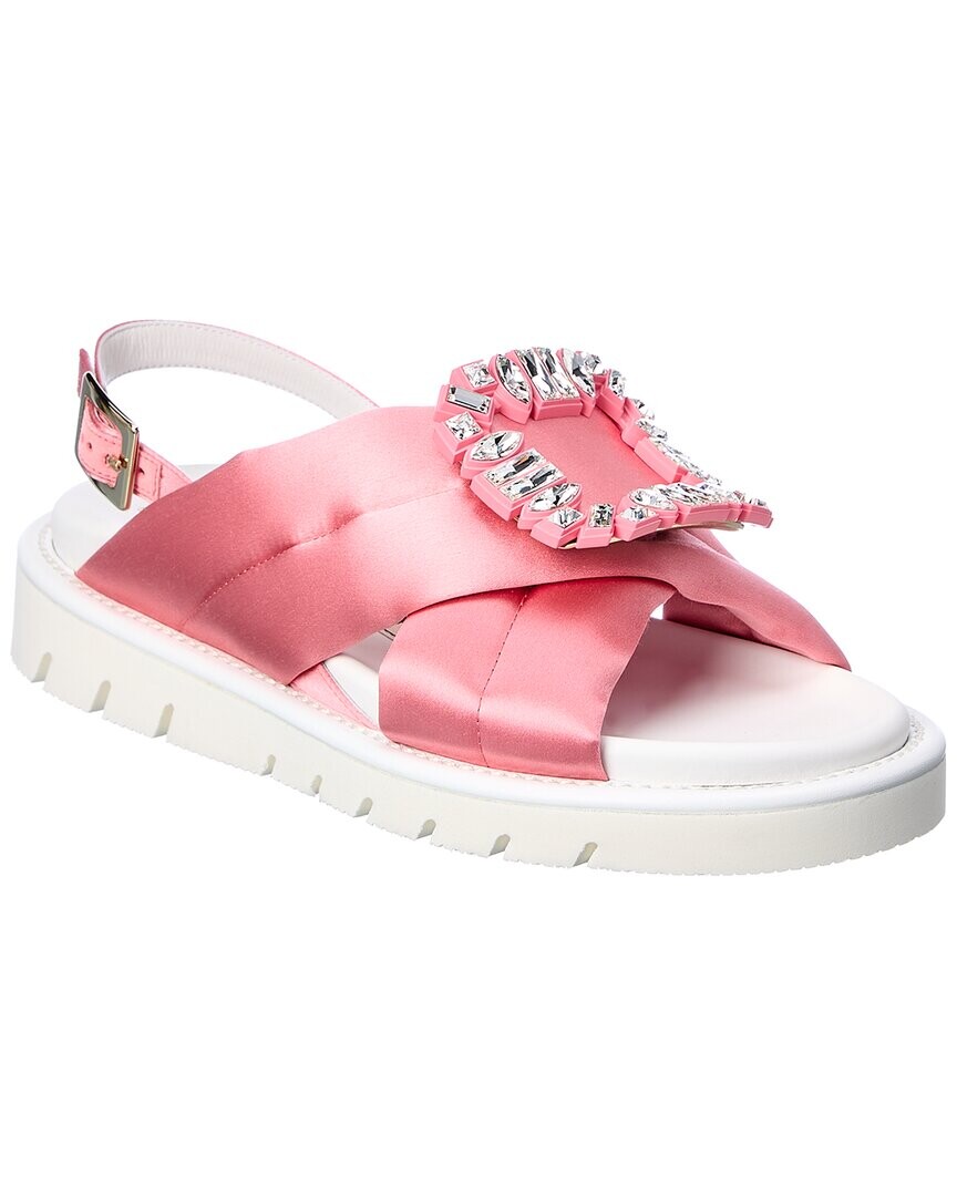 Roger Vivier Viv' Winter Атласные сандалии с пышной пряжкой и стразами, розовый — фото 2