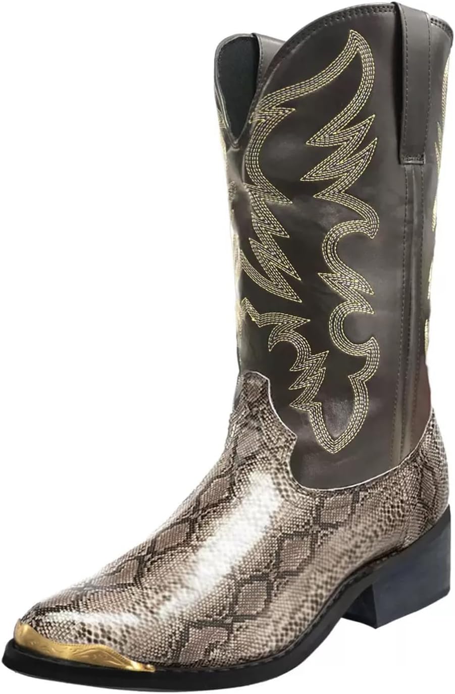 

Мужские ковбойские сапоги с искусственной змеиной кожей с вышивкой, повседневные средние ковбойские сапоги с заостренным носком, без шнуровки, стиль кантри Generic, золотой