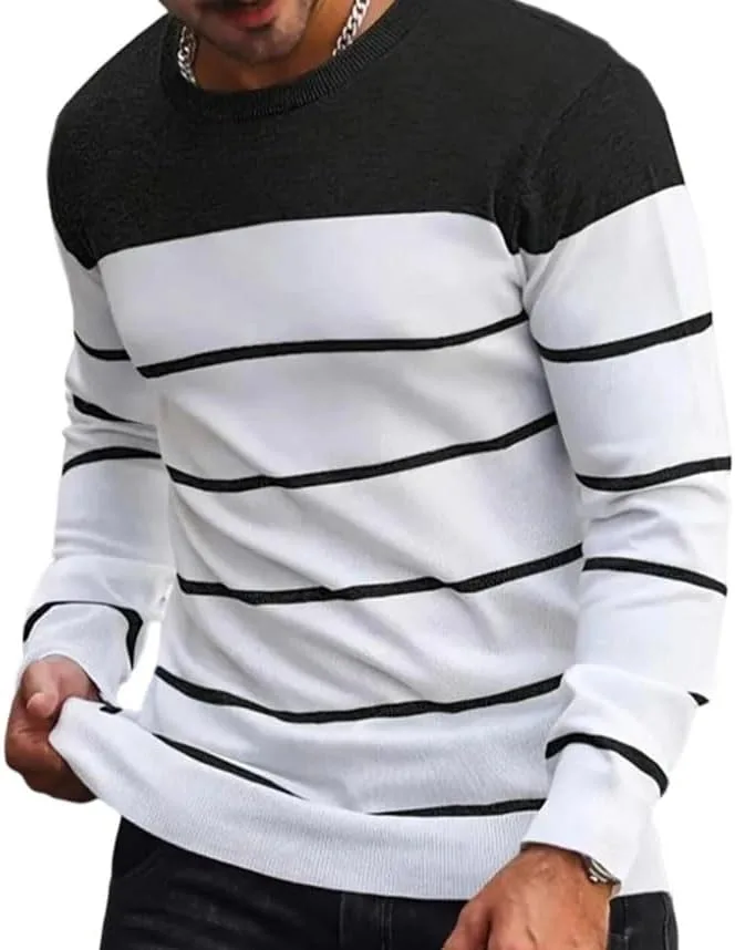 

Мужской полосатый свитер из хлопка с круглым вырезом, вязаный с длинными рукавами