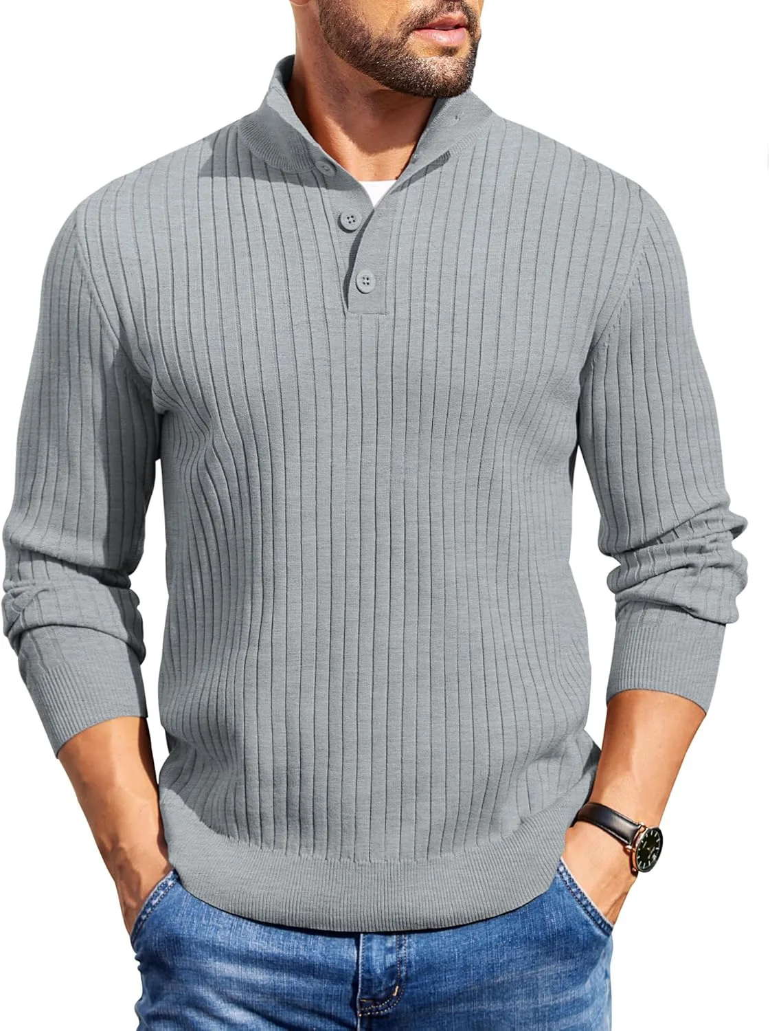 

COOFANDY мужской кардиган на четверти пуговиц с длинным рукавом и стойкой