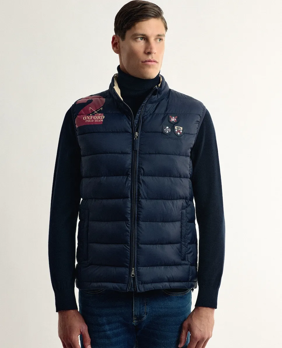 

Мужской стеганый жилет темно-синего цвета с разноцветным узором Valecuatro