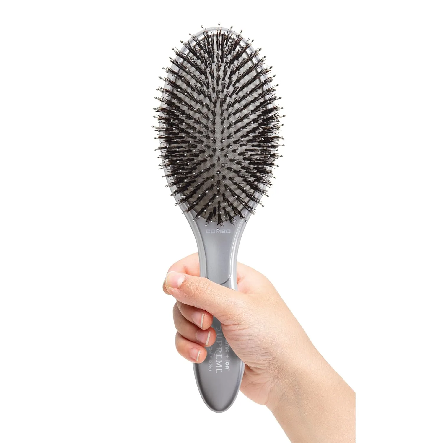 Расческа-щетка Olivia Garden Ceramic + Ion Supreme Styler Cushion Paddle Brush - на основе кабаньей щетины и ионов для блеска, контроля пушистости и разглаживания волос. 1 шт. (2 шт.), Silver — фото 2