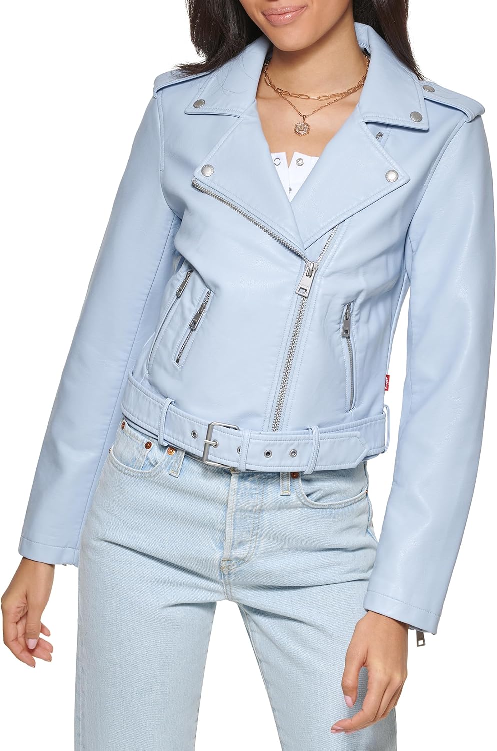 Женская куртка-косуха Levi's из искусственной кожи с поясом, светло-голубой — фото 2