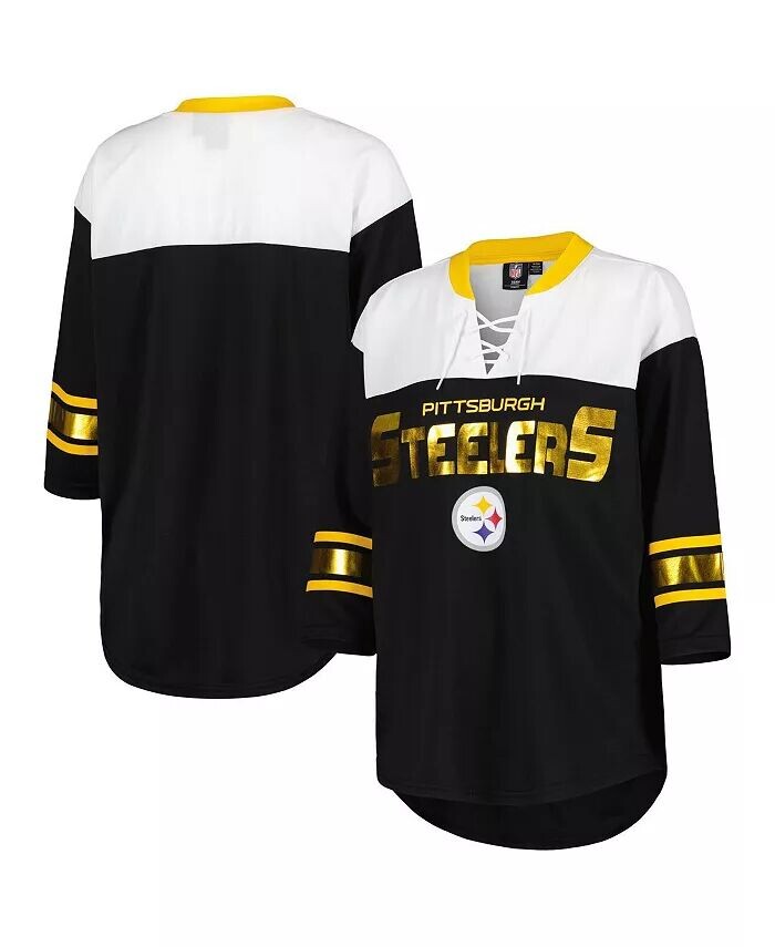 

Женская черно-белая футболка Pittsburgh Steelers Double Team 3 с 4 рукавами на шнуровке G-Iii 4Her By Carl Banks