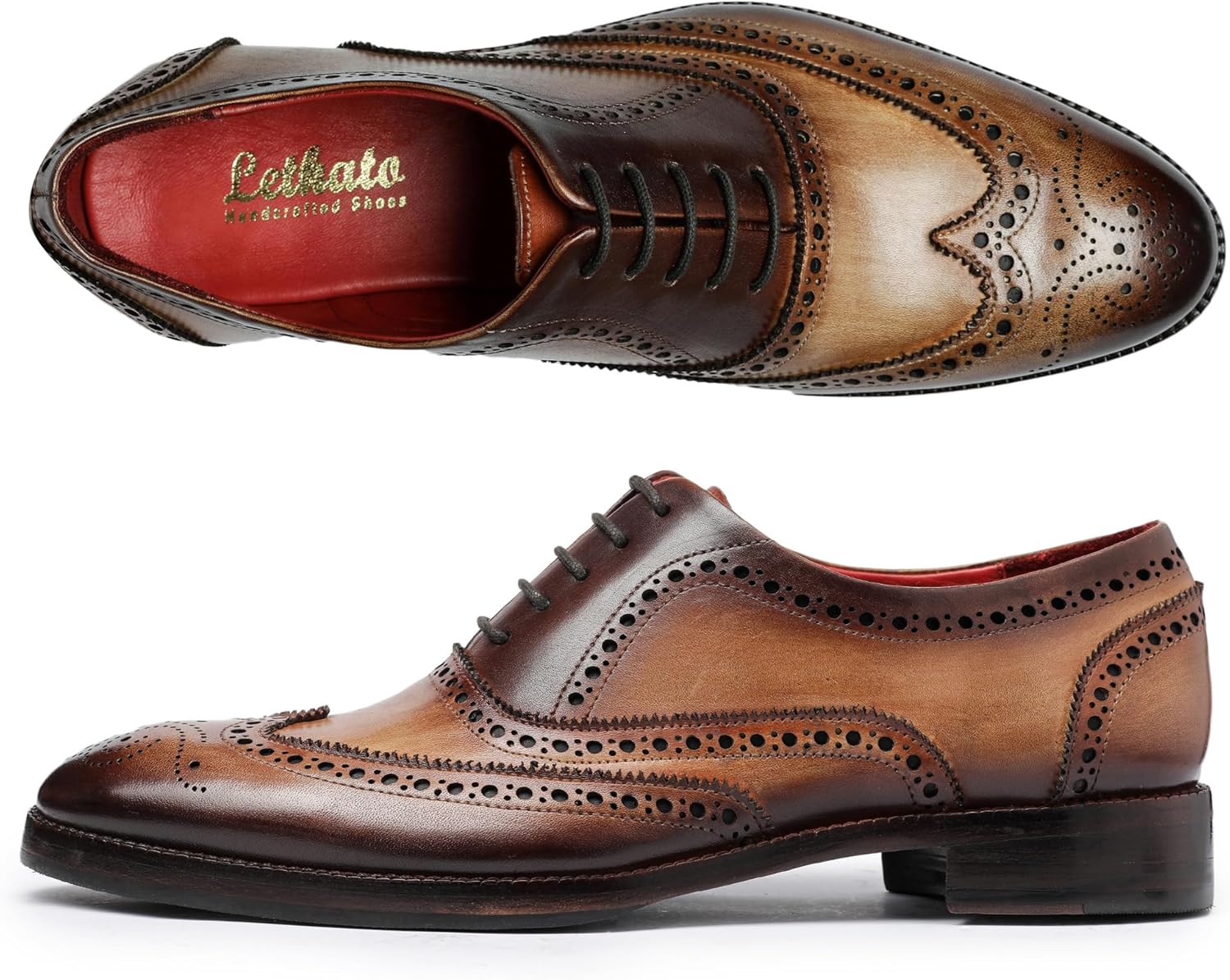 Мужские туфли оксфорды Lethato Wingtip Brogue ручной работы из натуральной кожи с шнуровкой, коричневый — фото 3