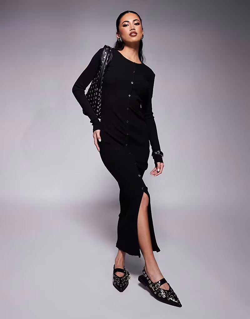 

Платье миди River Island с длинными рукавами и пуговицами спереди черного цвета