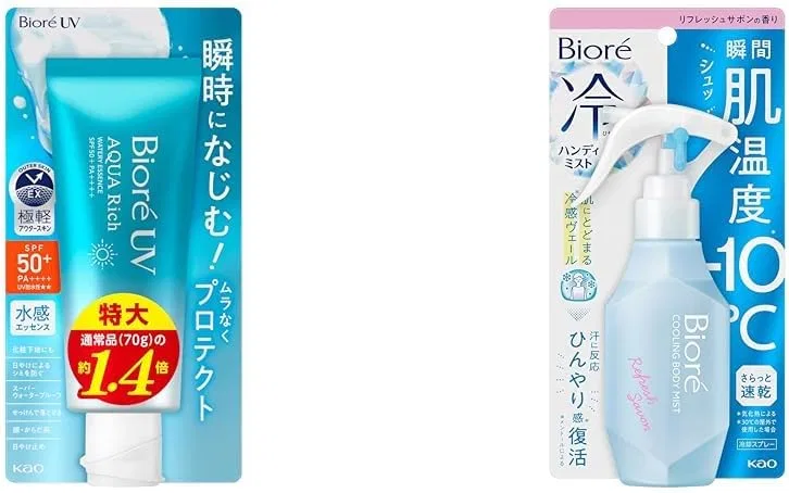 Солнцезащитная эссенция Biore UV Aqua Rich Watery Essence SPF50, 100 г + Охлаждающий спрей Biore Cold Handy Mist с ароматом сабона, 120 мл