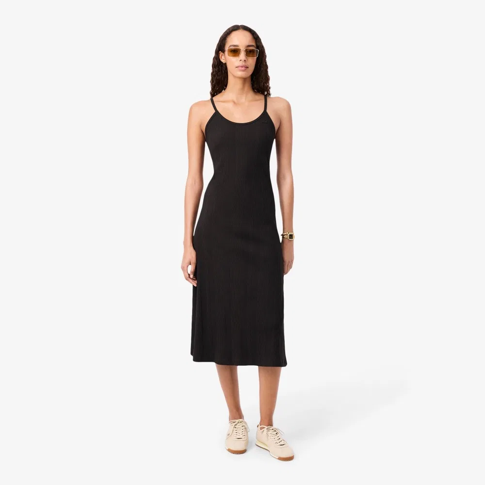 Платье Lacoste рифлёное длинное без рукавов, коричневое