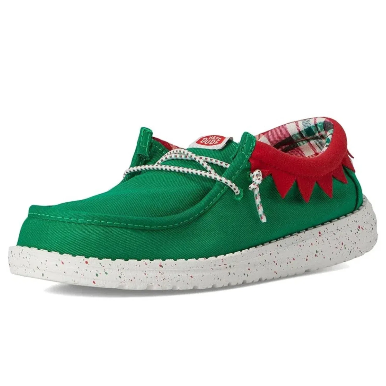 Детские мокасины Hey Dude Wally Holiday Elf-3XX C, зеленые с красным носком, KFC695 — фото 2