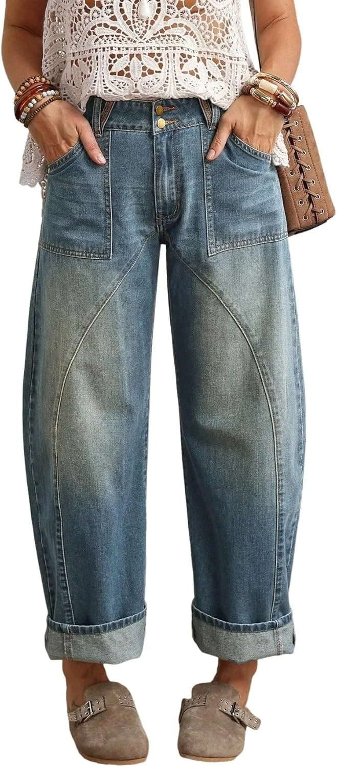 

EARKOHA женские джинсы карманные расклешенные casual свободного кроя