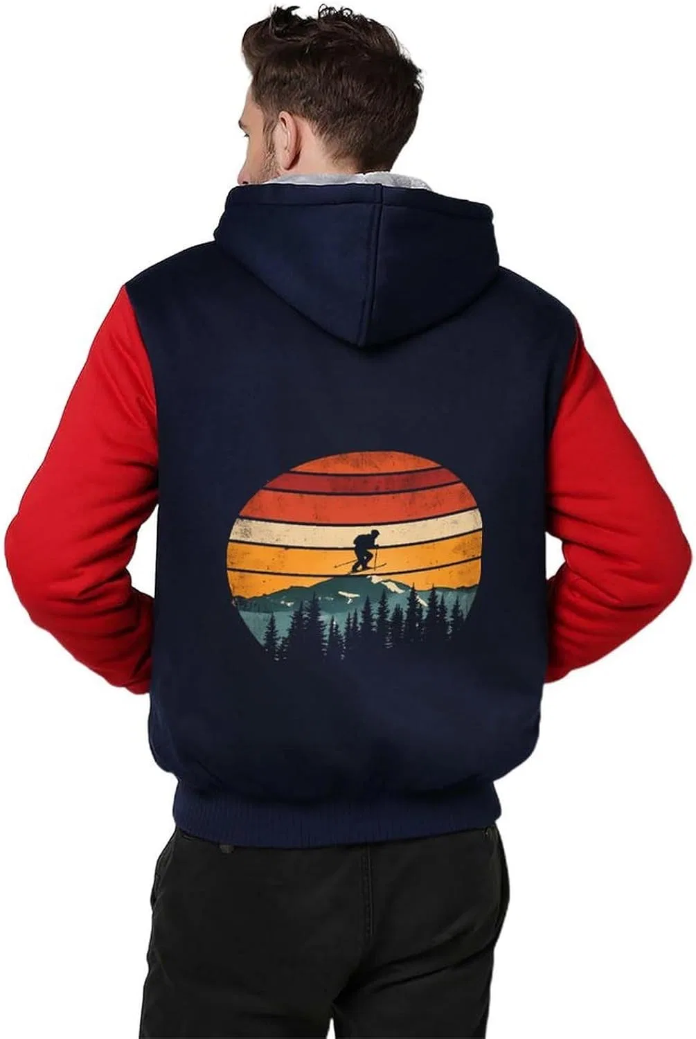 Винтажный худи на молнии для лыжников Vintage Sunset Skiing, утепленная флисовая толстовка-куртка для зимы Generic, красный — фото 2