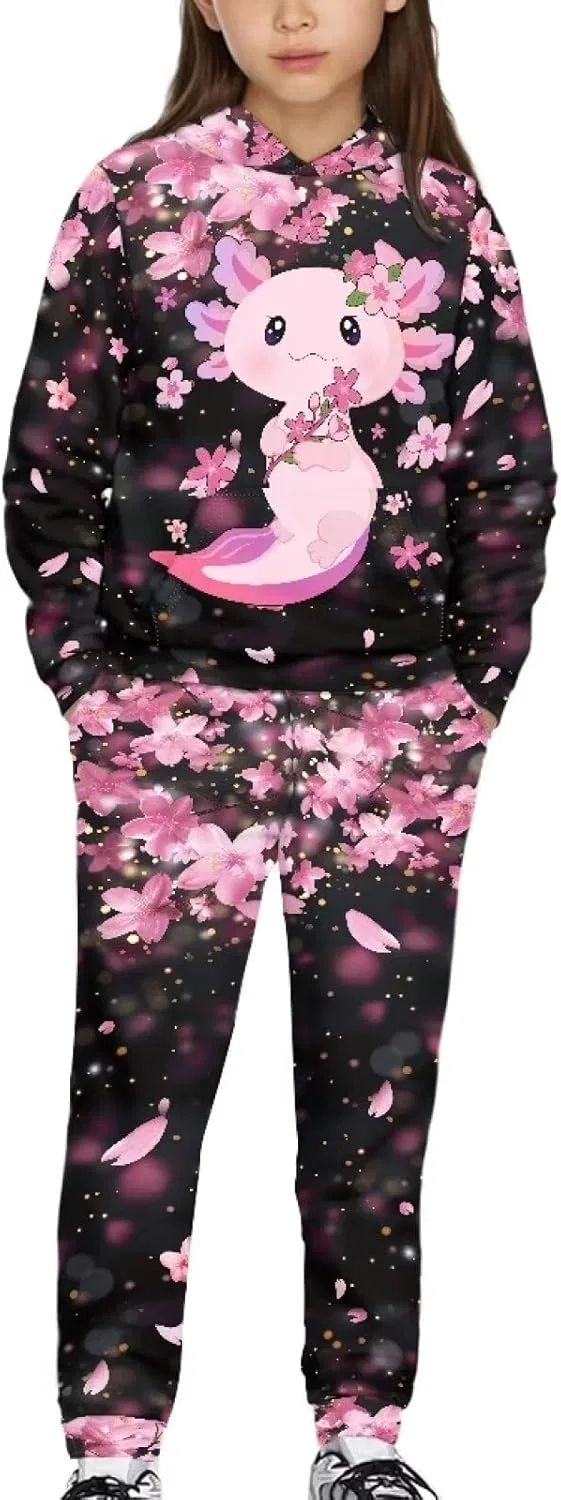 Детский спортивный костюм с принтом, Yuuxorilu, 2 предмета, Cute Cherry Blossom Axolotl Printedd