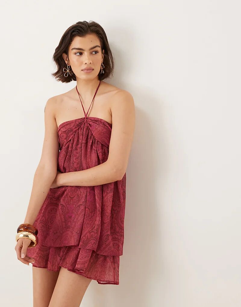 

Мини-платье ASOS DESIGN с бретелькой через шею и сборками на груди в розовом цвете пейсли