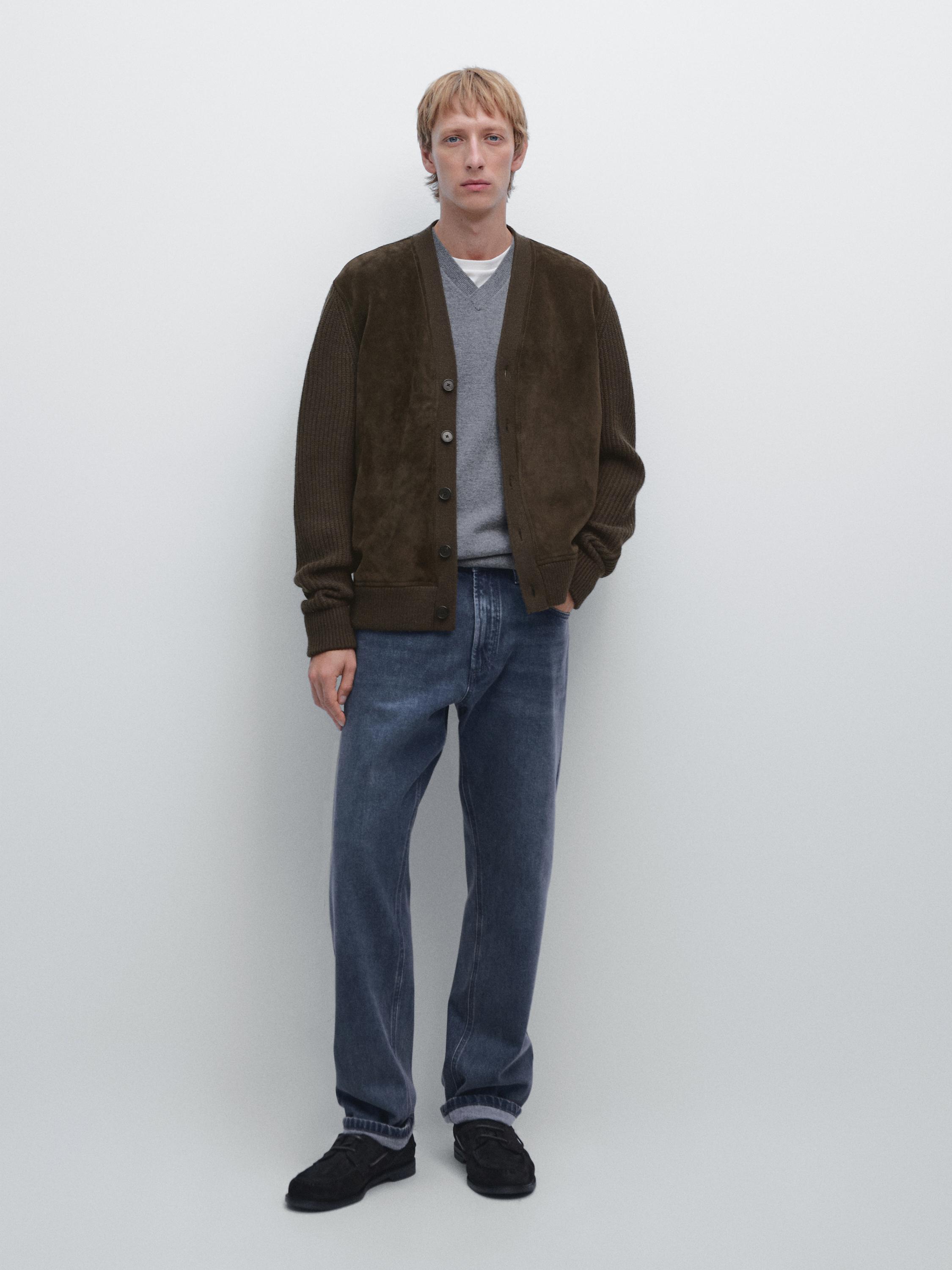 

Вязаный кардиган из смеси шерсти и кожи Massimo Dutti, коричневый