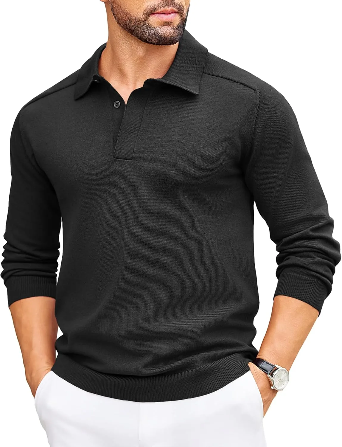 

COOFANDY мужской вязаный поло свитер с длинным рукавом и скрытой застежкой