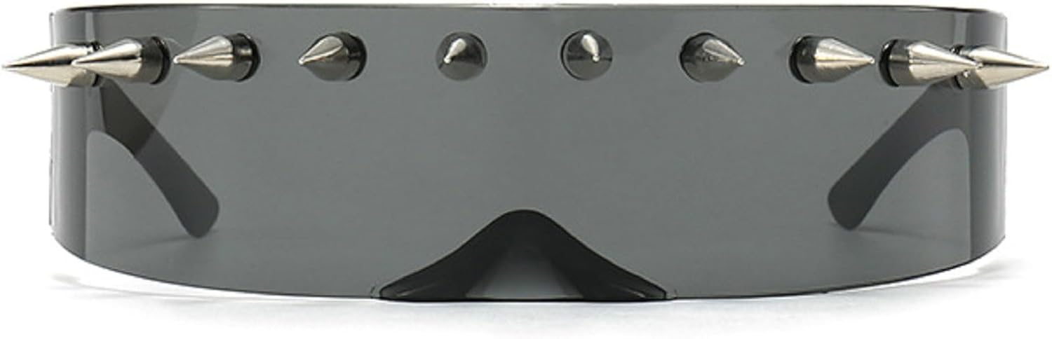 

Футуристические солнцезащитные очки с заклепками, киберпанк-козырек, моноблочные очки с шипами, забавные солнцезащитные очки для вечеринок и уличной моды mincl, Less&black